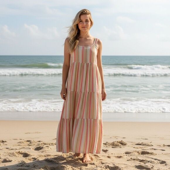 Linda Anderson Sun Dress Empire Waist Tiered Sz M Flowy Smocked Gauze Metallic - Picture 1 of 12